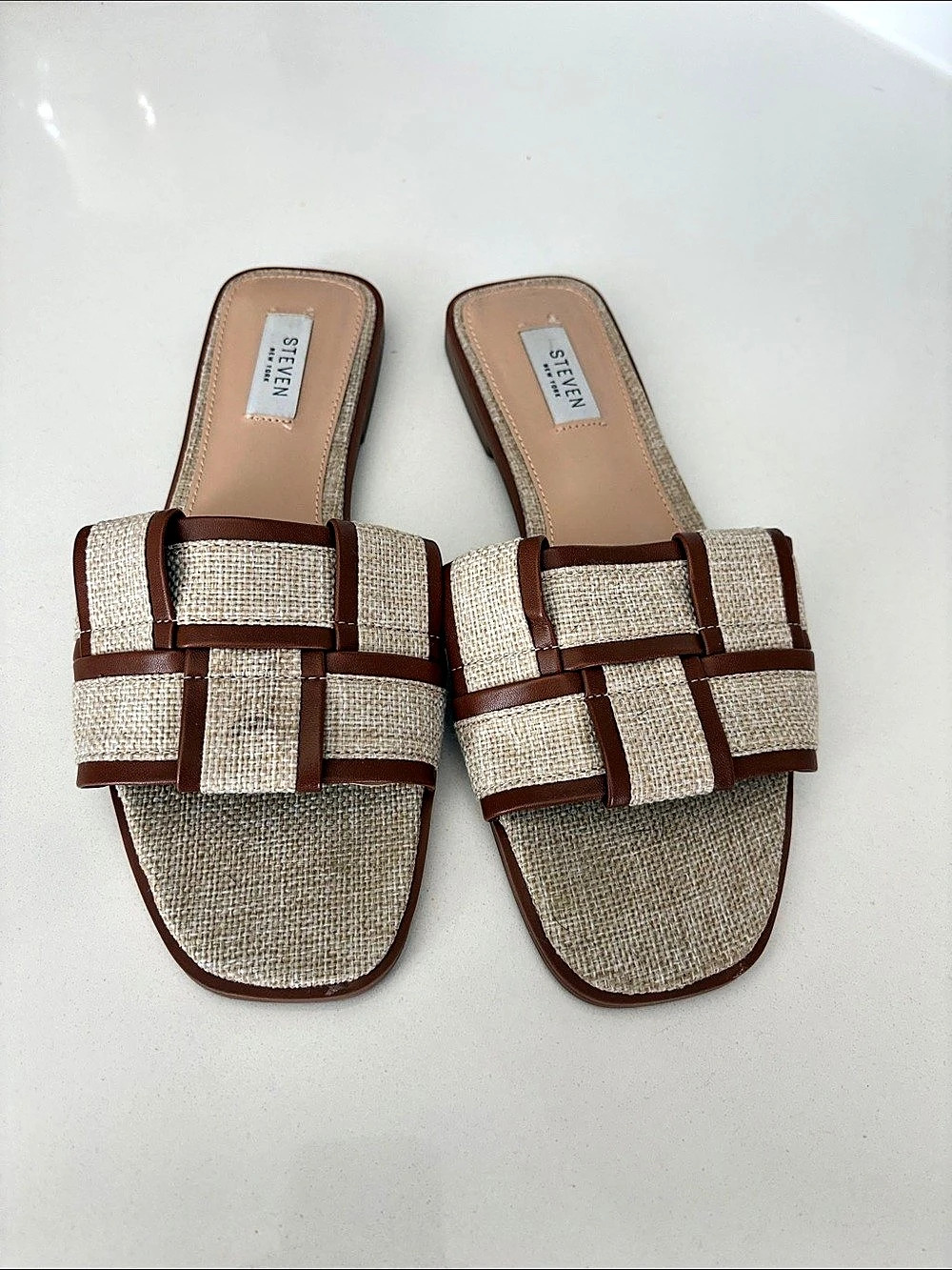 Steven Woven Strap Slide Sandals in Brown & Beige Like New